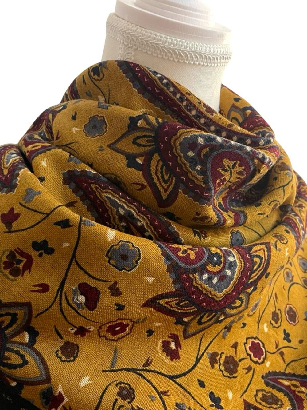 Anne Klein Paisley Square Scarf – Mustard Yellow, Burgundy & Black - Picture 5 of 8